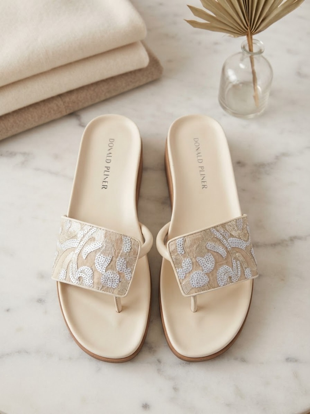 Donald J. Pliner Beige and White Sequin-Trim Thong Sandals
